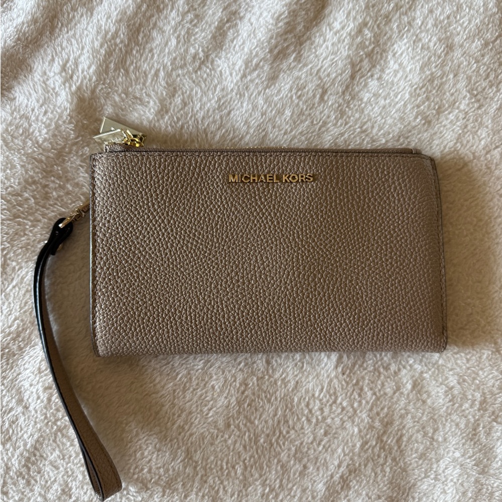 Michael Kors Taupe Wristlet with Gold Accents
